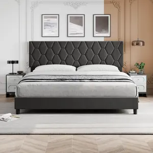 King Size Upholstered Bed Frame with Headboard, Platform Bed Frame with Wood Slats Support, Mattress Foundation/No Spring Needed/Easy Assembly/Noise Free