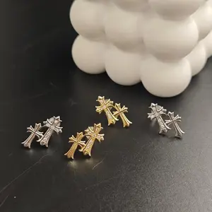 Gold Double Cross Stud Earrings for Women and Men 14K Gold Plated Double Piercing Cross Earrings Lightweight Accessory Earring