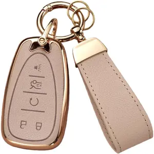 Key Fob Cover for Chevy with Keychain, Upper Leather + Soft TPU Key Cover Case for 2016-2021 Equinox Malibu Camaro Cruze Blazer Traverse Trax (5-Buttons, Pink)