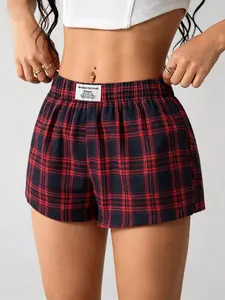 Preppy Tartan Plaid Lounge Shorts, Casual Loose Shorts, Loungewear, Elastic Waist, Soft Fabric, Cute Sleepwear for Teen Girls