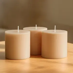 6-Pack Unscented Pillar Candles – Dripless 3"x3" Beige Paraffin Wax with Smokeless Cotton Wicks, Clean & Long-Lasting 30-Hour Burn