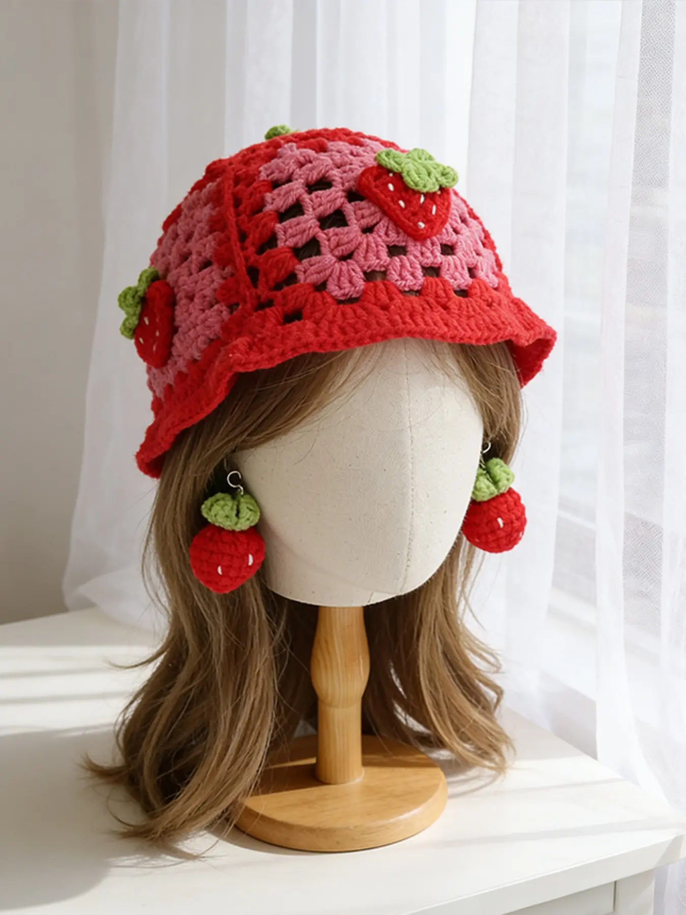 Handmade Crochet Strawberry Earrings Hat Set, Spring Summer Fruit Cute Hollow Out Fisherman Hat, Party Bucket Hat, Two Piece Set, Hollow Design, Strawberry Pattern, Crochet Craftsmanship