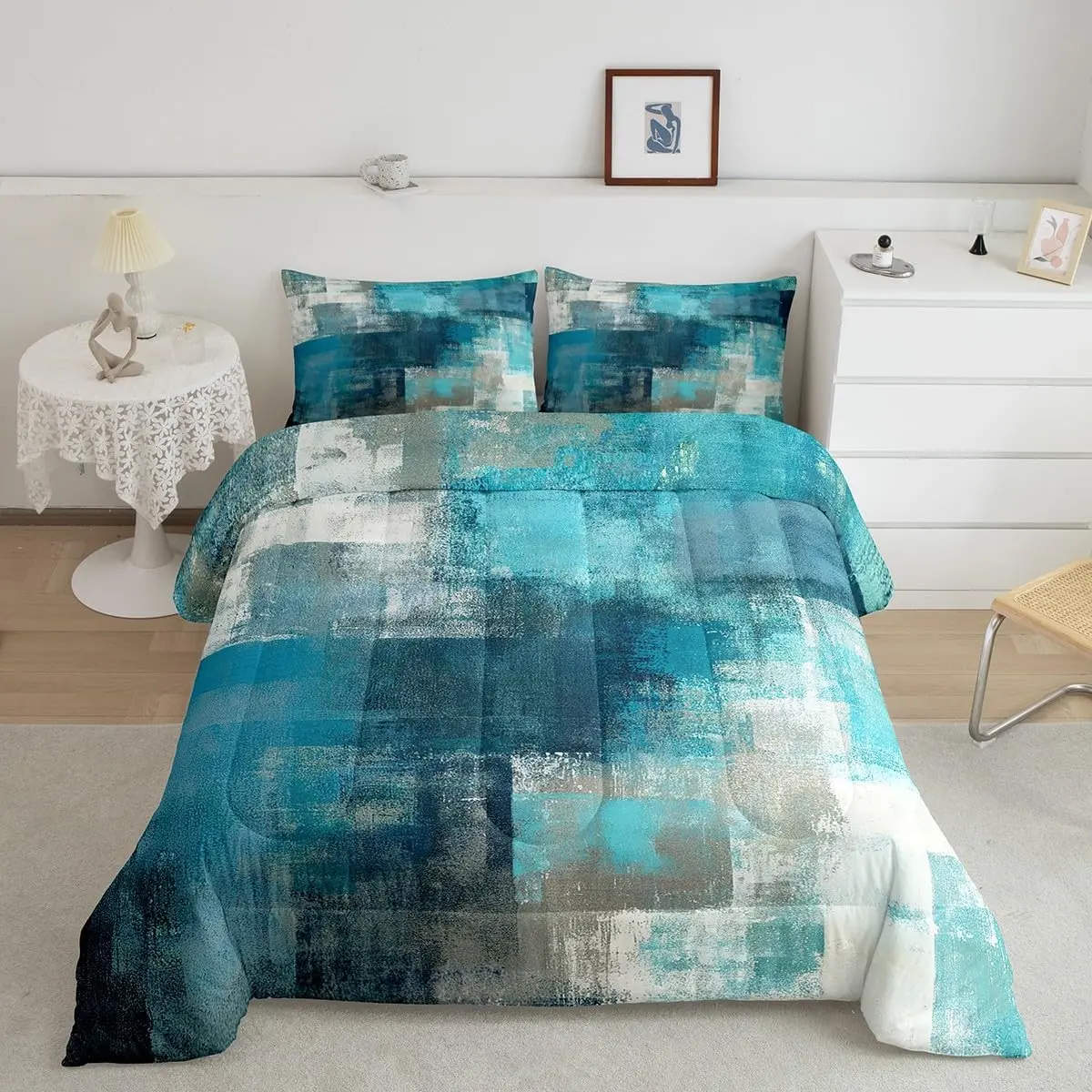 Feelyou Turquoise Teal Grey Ombre Microfiber Bed Comforter Set - Whole Piece All-Seasons Polyester Duvet Insert, Modern Watercolor Vintage Style, Multi-Size Quilt, Aesthetic Bedding for Girls, Set Includes Machine-Wash Travel-Friendly Linens