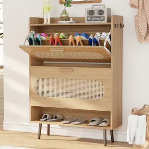 Rattan Shoe Cabinet with 2 Flip Drawers, Shoe Storage Cabinet for Entryway, Narrow Shoe Rack Cabinet, Freestanding Hidden Shoe Organizer for Hallway, Living Room(Rustic Oak)