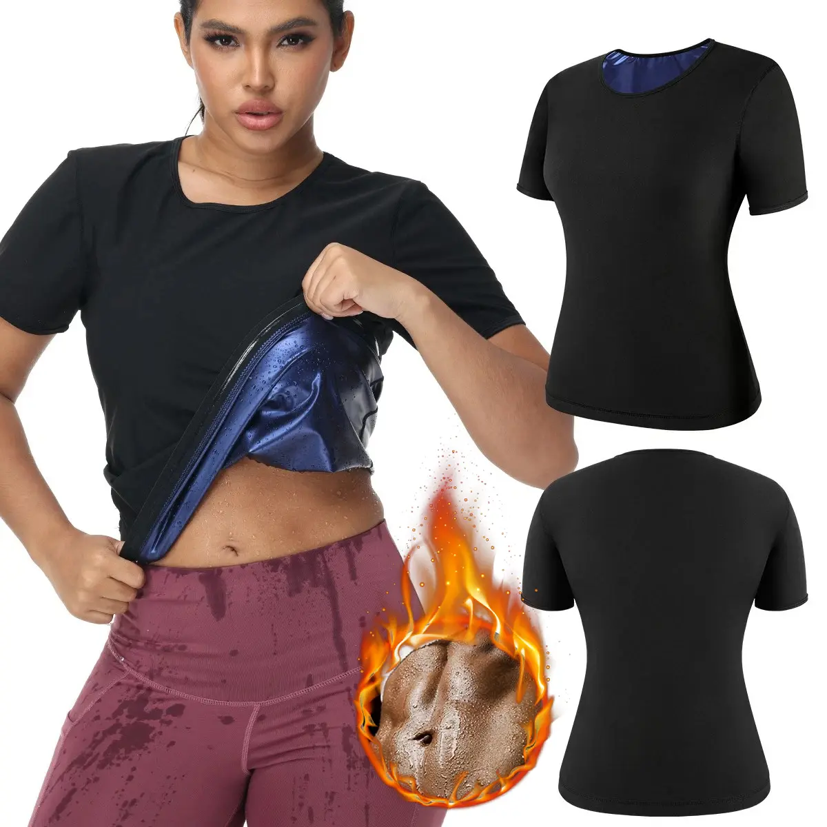 Women's Tummy Control Athletic Tee Short, Sauna Sweat Shirt, Sleeve Compression T-Shirt, Workout Top Sauna Sweat Workout Shirt