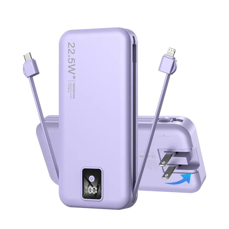 Citicr 3-in-1 Chargeable Battery Power Bank, 12000mAh 22.5W PD-20W Fast Charging AC Wall Plug Charger with Built-in iOS & USB-C Cables for Smartphones, EDC Gear for Travel & Outdoor Activities,techvibes