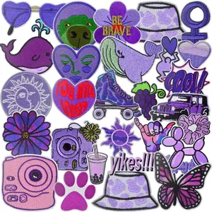 30pcs Purple Series Embroidered Iron on Patches Mixed Daisy Flower Paw Print Letters Sewing Patch Appliques for DIY Clothing Jackets Jeans Pants Backpacks Repair Decoration