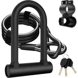 Bicycle U-shaped Lock with Key, Anti-theft Bicycle Lock with 5ft Safety Steel Cable, Sturdy Mounting Bracket, Suitable for Road, Mountain, Electric and Folding Bicycles, Bike Accessories