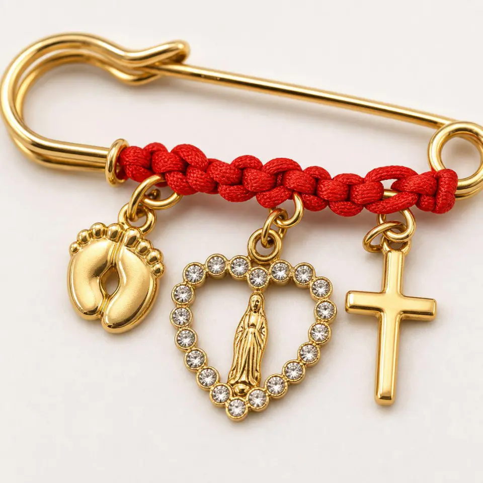 Gold Handmade Vintage Maternity Safety Pin Brooch with Baby Footprints, Virgin Mary-Cross Charms, Red Cord & Crystal Accents for Expecting Moms, Baby Shower Gift