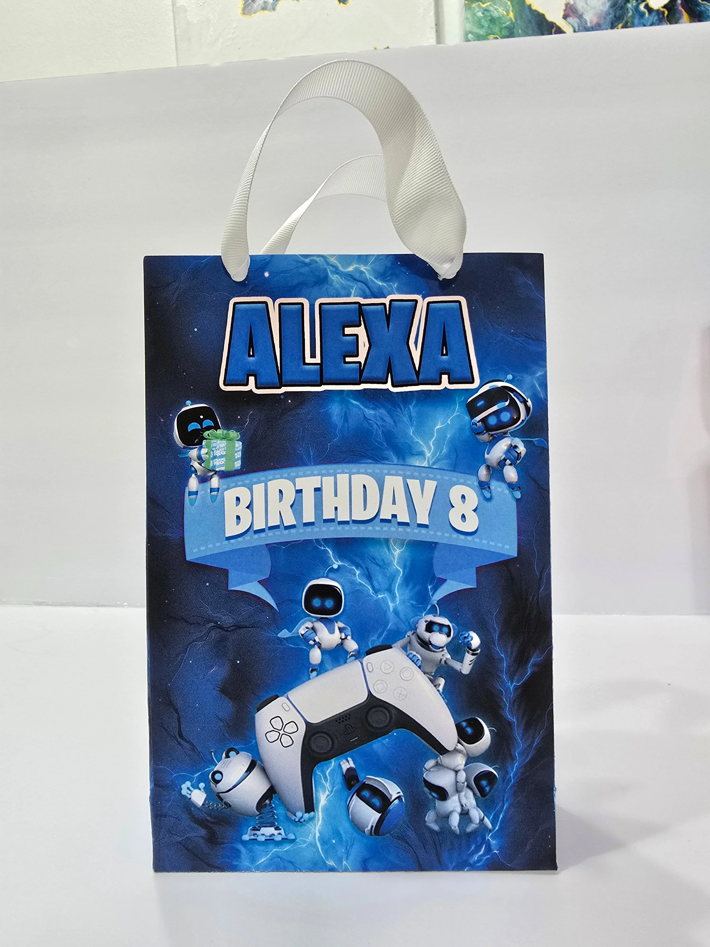 12 Pcs Customizable Astro Bot Birthday Gift Bags - Personalized with Name and Age, Ribbon Handles, 8.5"x5.5" Unique Birthday Gifts for Party Supplies, Customizable Gift