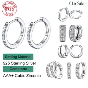 ChicSilver S925 Sterling Silver Earrings Stackable Dainty Daily Minimalist Simple Casual Sparkling Shiny Lightweight Cubic Zirconia Huggie Hoop Earrings Summer Vibe Gift for Women