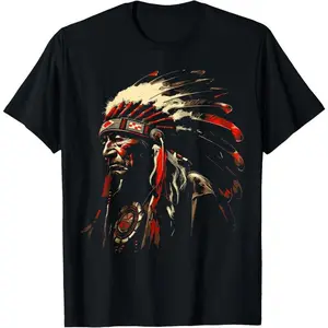 100% Cotton Retro Native American Indian Headdress Vintage Men Graphic T-Shirt Whimsical Playfully Quaint Design