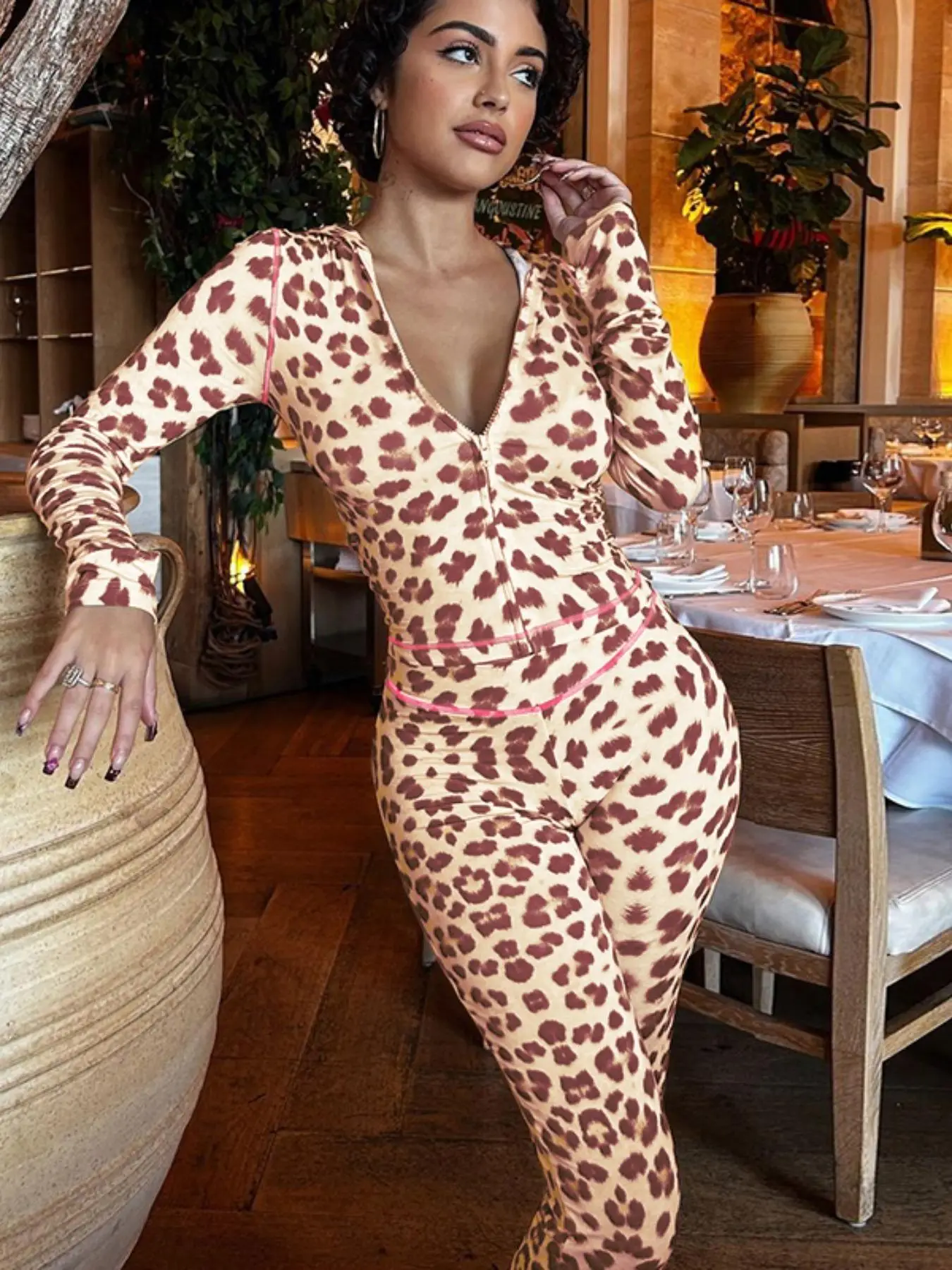 Women's Solid Color / Leopard Print Zip Up Crop Hoodie & Pants Two-piece Set, Casual Long Sleeve Hooded Top & Straight Leg Trousers for Fall & Winter,