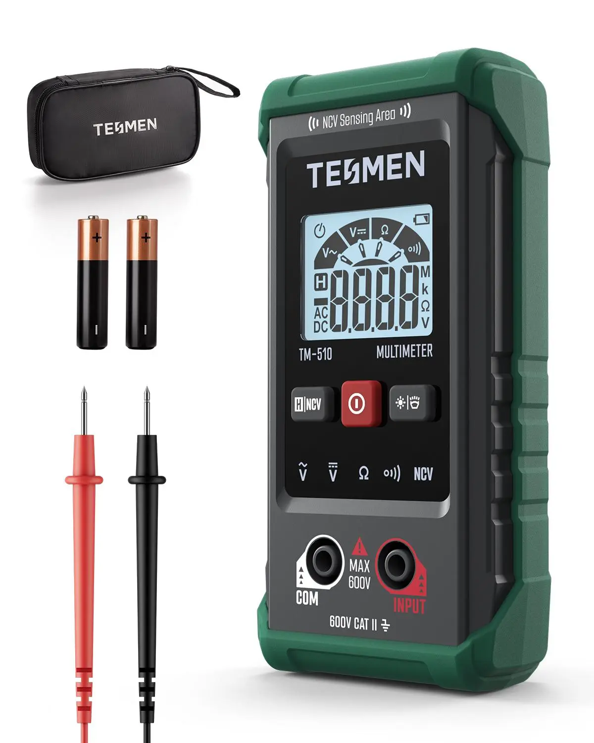 TESMEN TM-510 Digital Multimeter, 4000 Counts, Auto-Ranging Voltmeter; Non-Contact Voltage Detector, Measures AC/DC Voltage, Resistance, Continuity – Green