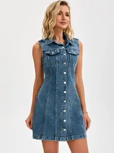INSPIRE CHIC Women's Denim Dress Sleeveless Collared Western Button Down Short Jean Dresses