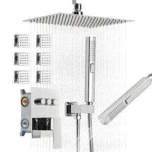 summervibes Chrome Ceiling-Mount Rainfall Type Shower Faucet Set, 10" Size Rotatable Head System with 6 Body Jets, 2-in-1 Handheld Spray, 3-Function Spray, Complete Brass Valve and Trim Complete Kit