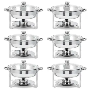 Gaomon 5QT Round Stainless Steel Chafing Dish Warmer Set (6 Pack) - Hot Dish Buffet Sets with Glass Lids, Fuel Holders, Food Pans, Gentle Heat for Serving - Ideal for Weddings, Parties,summerwins