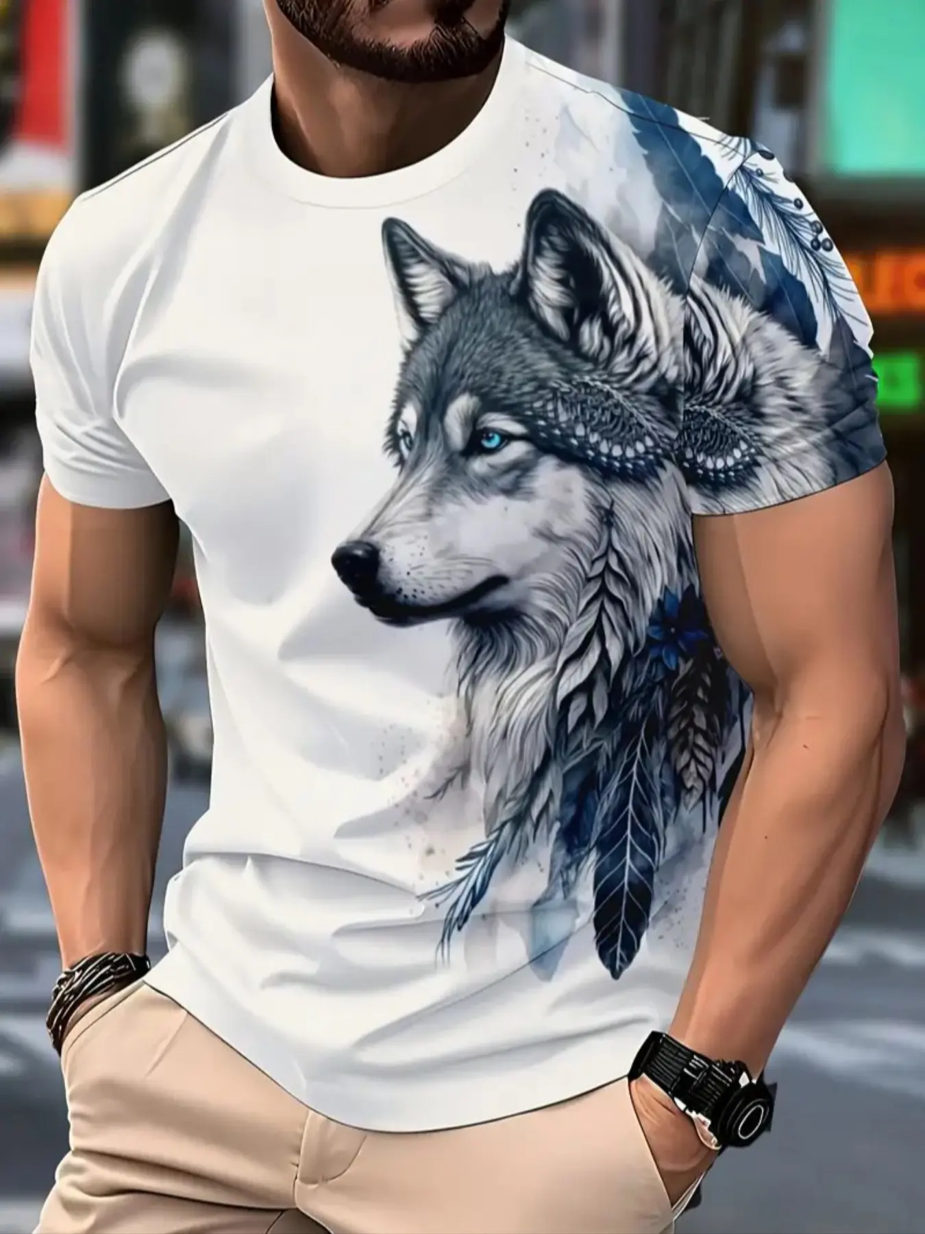 Men's Wolf Feather Pattern T-Shirt, 100% Polyester Casual Round Neck Tee, Fitted Long Sleeve Top for All Seasons, Casual Style Tee