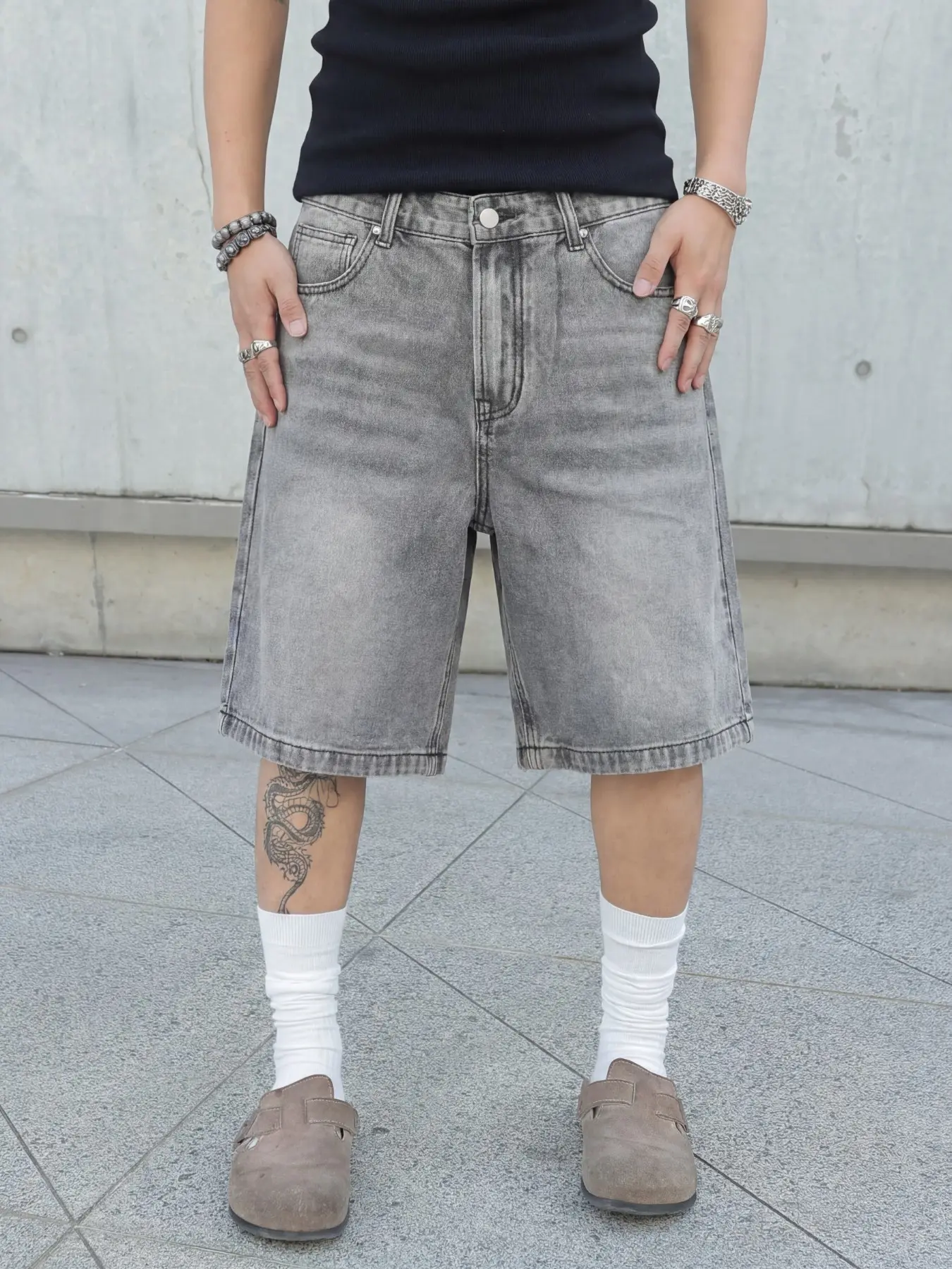 Men's Casual Loose-Fit Oversized Wide-Leg Denim Jean Shorts, Solid Color Pocket Design, Versatile All-Season Streetwear