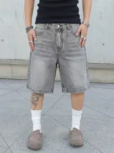 Men's Casual Loose-Fit Wide-Leg Denim Jean Shorts, Solid Color Pocket Design, Versatile All-Season Streetwear