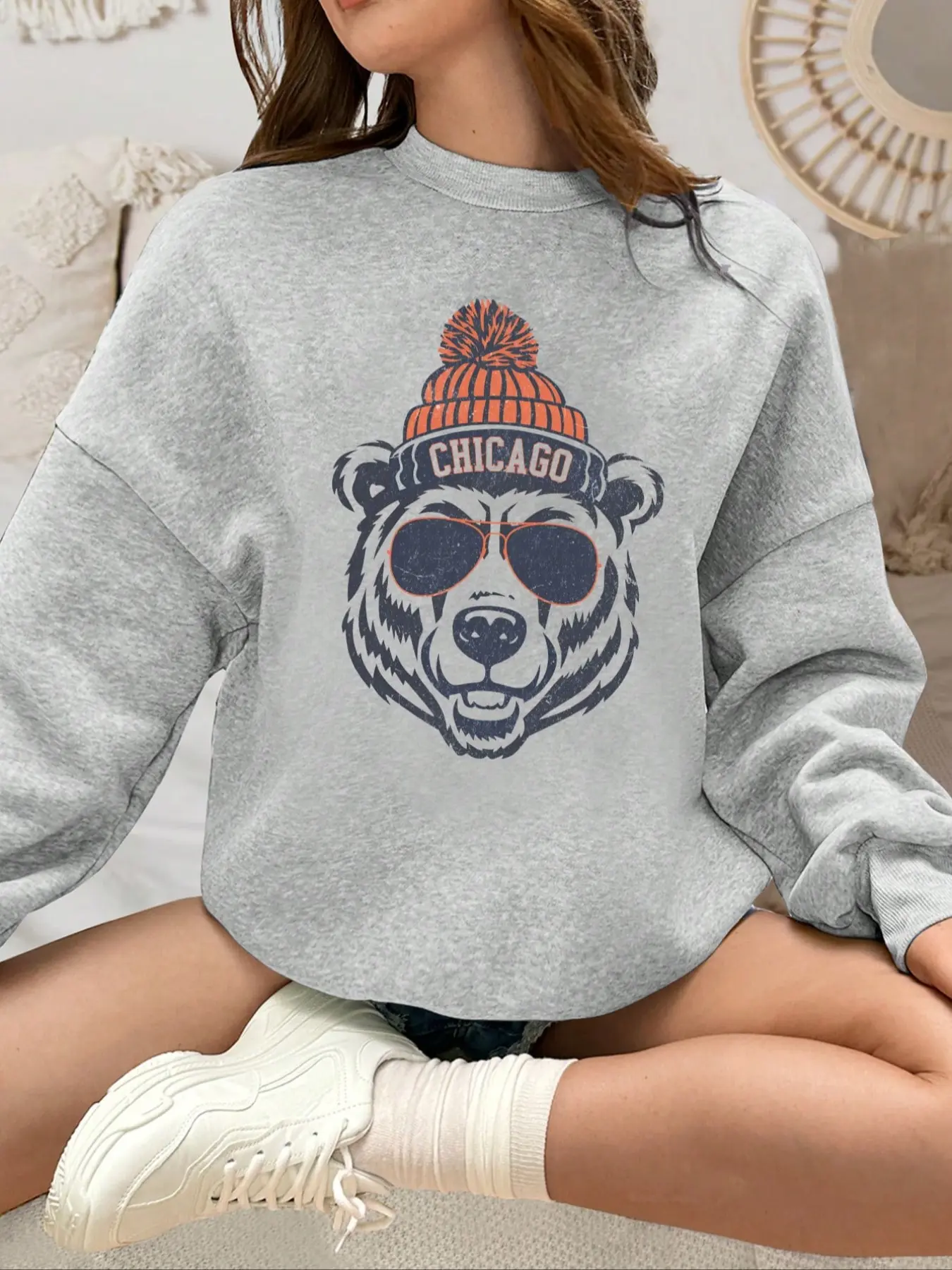 Women's Chicago Bear Print Pullover Hoodie Set, Fall & Winter Casual Holiday Style, Thick Fabric, Loose Fit, Round Neck, New Arrival