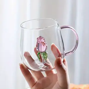 4/8 pcs Rose Flower Transparent Borosilicate Glass Coffee Cups 350ml Double-Walled Insulated Tea Cups with Handle for Milk Chocolate Decorative Elegant Design