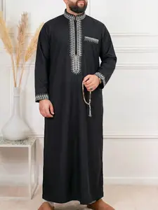 Muslim Men's Thobe with Embroidered Stand Collar Zipper Design, Traditional Islamic Clothing for All Seasons, Holiday Party Gift, Modesty Thobe