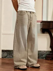 Men's High Street Style Loose Fit Jeans, Vintage Washed Denim Jeans, Trendy Distressed Wide Leg Trousers, Versatile Fashion Apparel, Fashion Pants