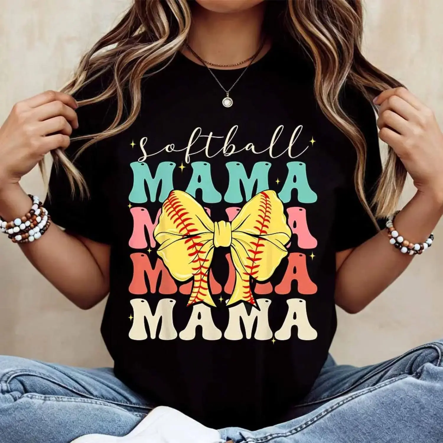 Women's Loose Short-Sleeve Softball T-Shirt - Skin-Friendly Unisex Round Neck Sports Outerwear, Streetwear, Casual Lady Tshirt with Colorful Text, Baseball Bow Design for Family Softball Events, Cold Wash, No Bleach, All-Over Print, Sporty Chic