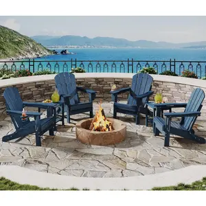 Adirondack Chairs Set Of 4 With 2 Side Tables Folding HDPE Outdoor Patio Chair Set All Weather Fire Pit Lounge Chairs Built In Cup Holder Wood Grain Texture