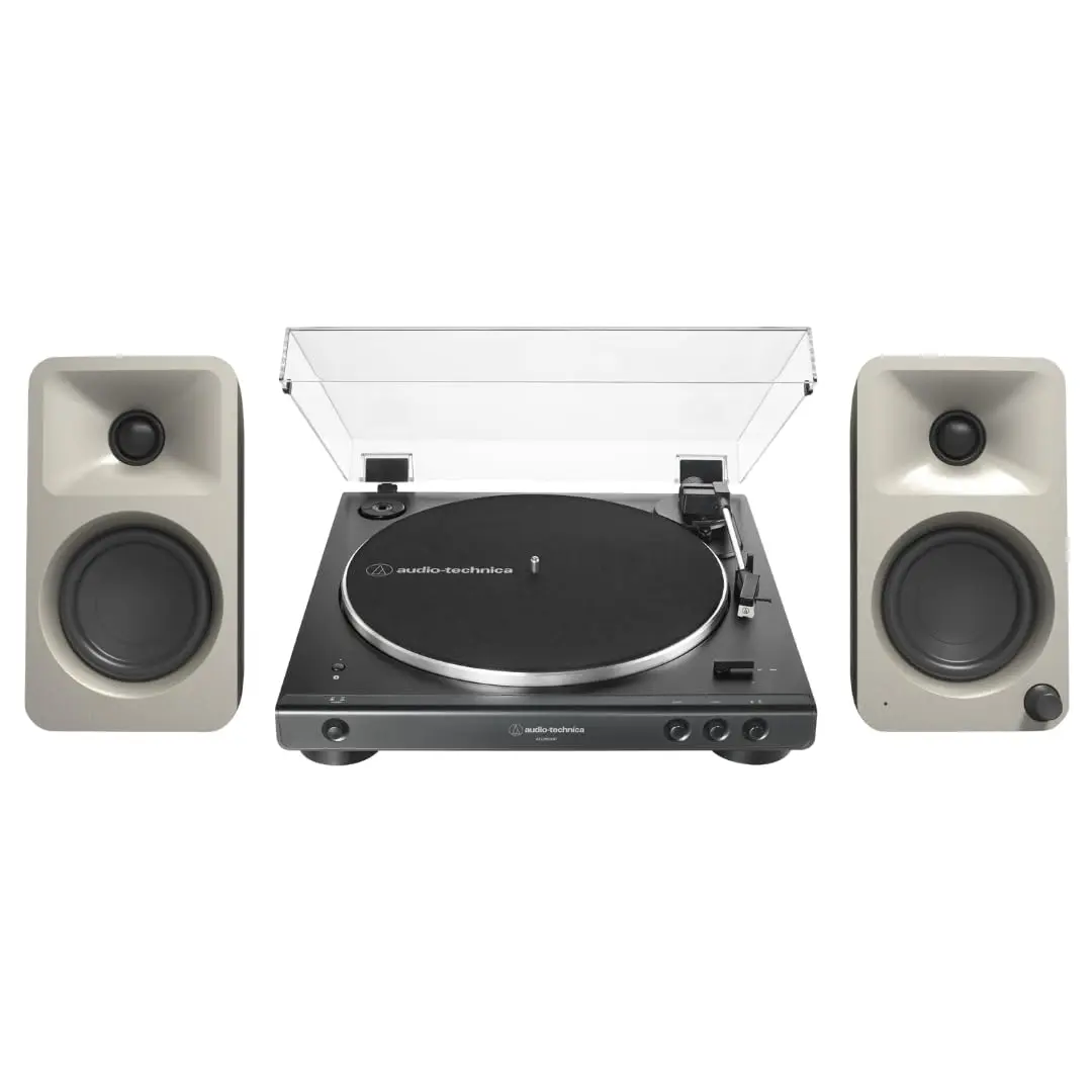 Kanto ORAME 100W Compact Powered Reference Desktop Bass Speakers (Moon) Bundle with 60XBT-BK Fully Automatic Belt-Drive Vinyl Turntable, Amplifier, USB-C Compatible for PC & Laptop