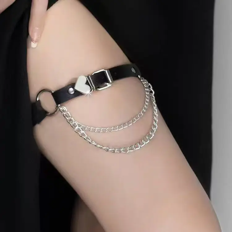 Gothic Punk Leg Chain Harness, Asymmetric Heart Design, PU Leather Strap for Women