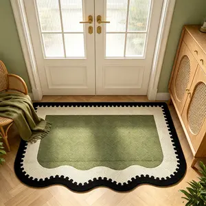 French Vintage Wavy Edge Door Mat, Olive Velvet Rug, Home Décor Carpet for Entryway, Living Room, Kitchen and Outdoor Use, Birthday Gift Idea
