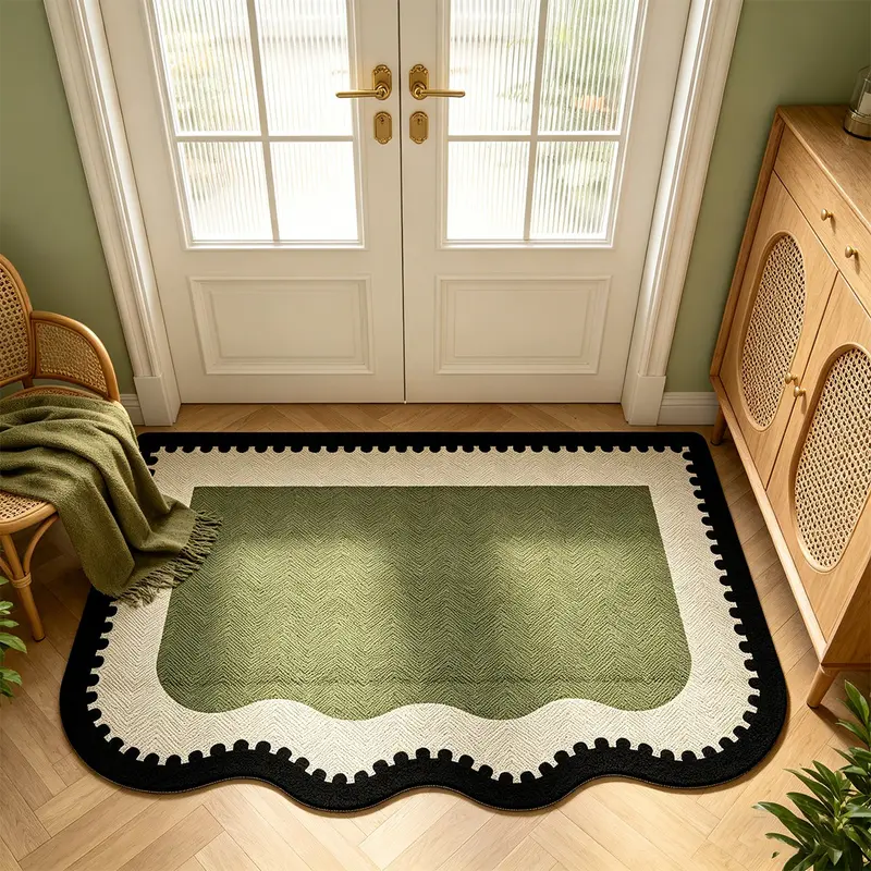 French Vintage Wavy Edge Door Mat, Olive Velvet Rug, Home Décor Carpet for Entryway, Living Room, Kitchen and Outdoor Use, Birthday Gift Idea, Home Decor Mat