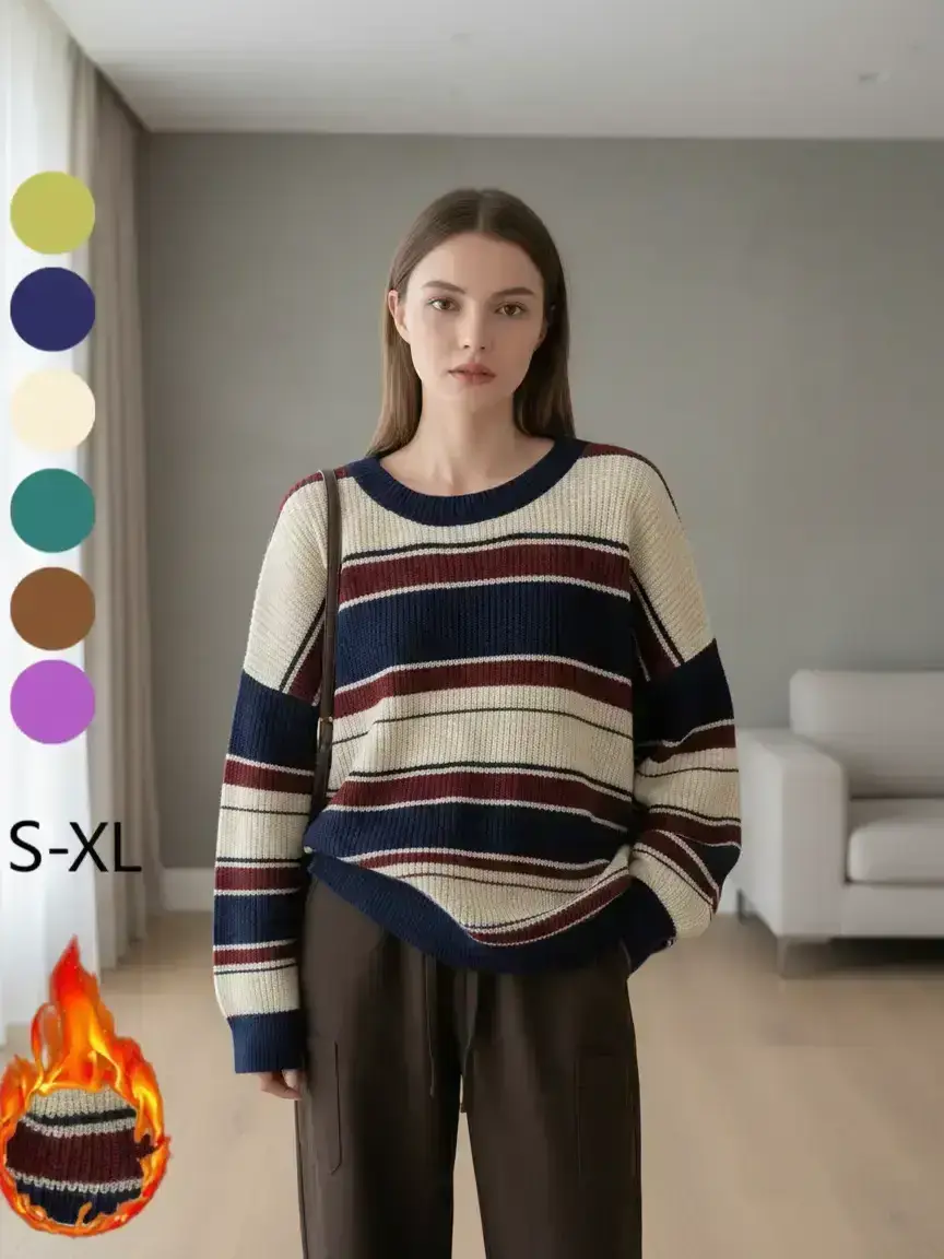 Women's Colorblock Striped Print Drop Shoulder Sweater, Casual Long Sleeve Round Neck Jumper Fit for Fall & Winter, Fashion Ladies' Knitwear for Daily & Everyday Wear Womenswear Garment Piece