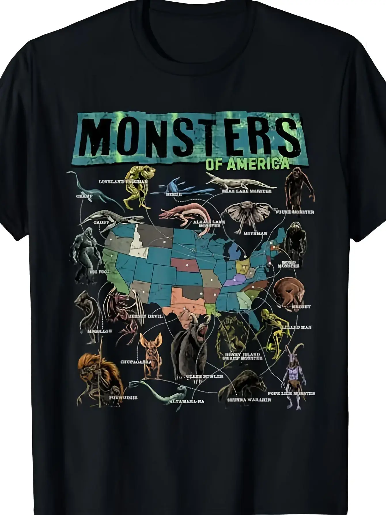 American Mysterious Creatures Plus Size T-Shirt - Vintage Mysterious Creature Map Design Featuring the Loch Ness Monster and Mothman - Unisex Soft, Breathable, Loose-Fit T-Shirt - Apparel for Cryptozoology Enthusiasts, Machine Washable for Year-Round Cas