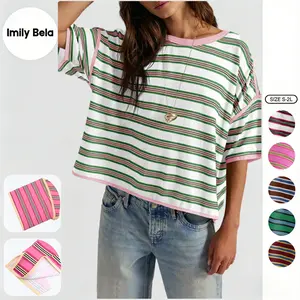 Imily Bela Oversized Womens Striped T-Shirts Summer Casual Color Block Short Sleeve Tops Drop Shoulder Boxy Tees