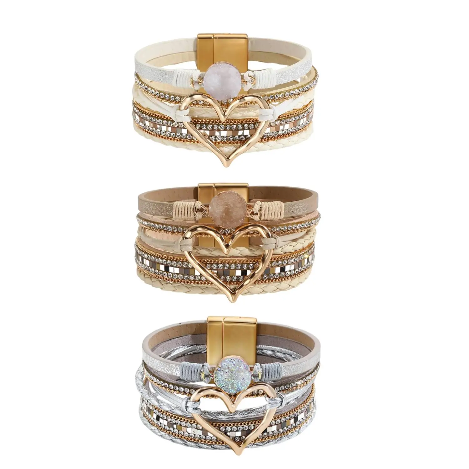 3pcs white khaki gray bohemian multi-layer bracelets, original stone heart bracelet, Boho Leather Wrap Multi-Layer Pearl Crystal Bracelet Bangle Jewelry