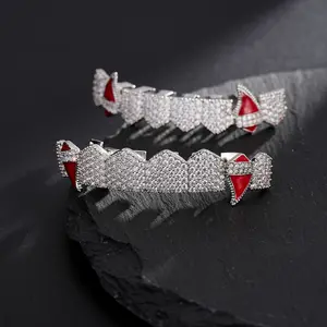2pcs/ set Vampire Bleeding Teeth Shiny Cubic Synthetic Zirconia Teeth Grills, 8 Top and Bottom Fangs Teeth Grills, Halloween Hip Hop Teeth Jewelry Oral