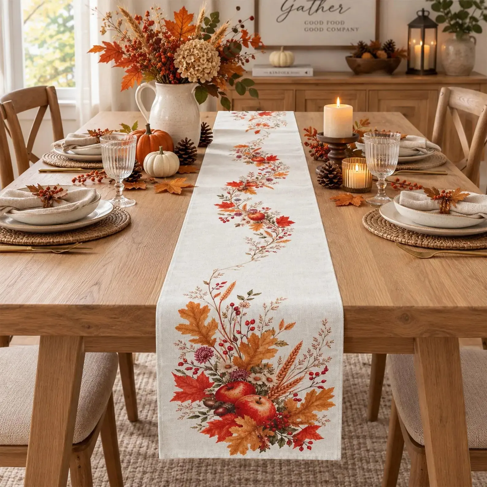 Fall Table Runner with Autumn Leaves and Harvest Apple Floral Design, Thanksgiving Table Runner for Farmhouse Dining Table Decor, Rustic Fall Kitchen Decorations, Seasonal Table Centerpiece for Holiday Gatherings and Home Decor