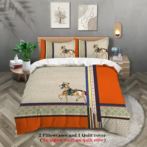 3pcs Luxury Equestrian Horse Duvet Cover Set (1 Duvet Cover + 2 Pillowcases), Orange Geometric Plaid Bedding, Soft Brushed Microfiber for Modern Luxury Bedroom & Hotel Decor