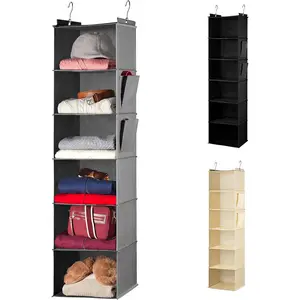 Handy Laundry Hanging Closet Organizer - 6 Shelf Storage for Clothes, Sweaters, Shoes & Accessories - Space-Saving Wardrobe Shelves with Hooks for Dorm, RV & Small Closet Organization (Grey)