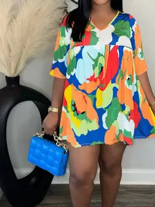 Plus Size Bold Floral Pattern Mini Dress, Loose Fit Super Comfortable and Eye-Catching, Perfect for Brunch, Vacation, Summer Outing!