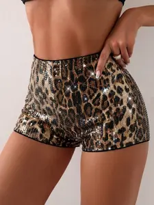 Women's Leopard Print Sequin High Waist Shorts, Sparkly Party Hot Pants | #LeopardShorts #SequinShorts #PartyShorts