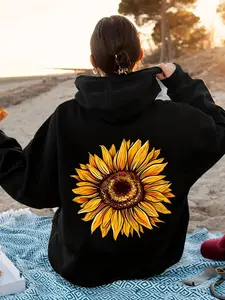 【Plus Size】 Sunflower Print Hoodie, Fashion Casual Drawstring Pocket Graphic Hooded Sweatshirt for Daily Holiday Outdoor Wear, Women Plus Clothing for Fall & Winter, Essential Hoodie