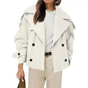 Women's Belted Double-Breasted Long Sleeve Cropped Trench Coat - Casual Fall Lady Tops, Chic Short Outerwear, Stylish Outerwear Piece