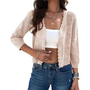 Women's Classic Plain Basic Casual Knitting Cropped Cardigan Sweater - Lightweight 3/4 Sleeve Button-Down Crochet Shrug Top, Women's Knitwear