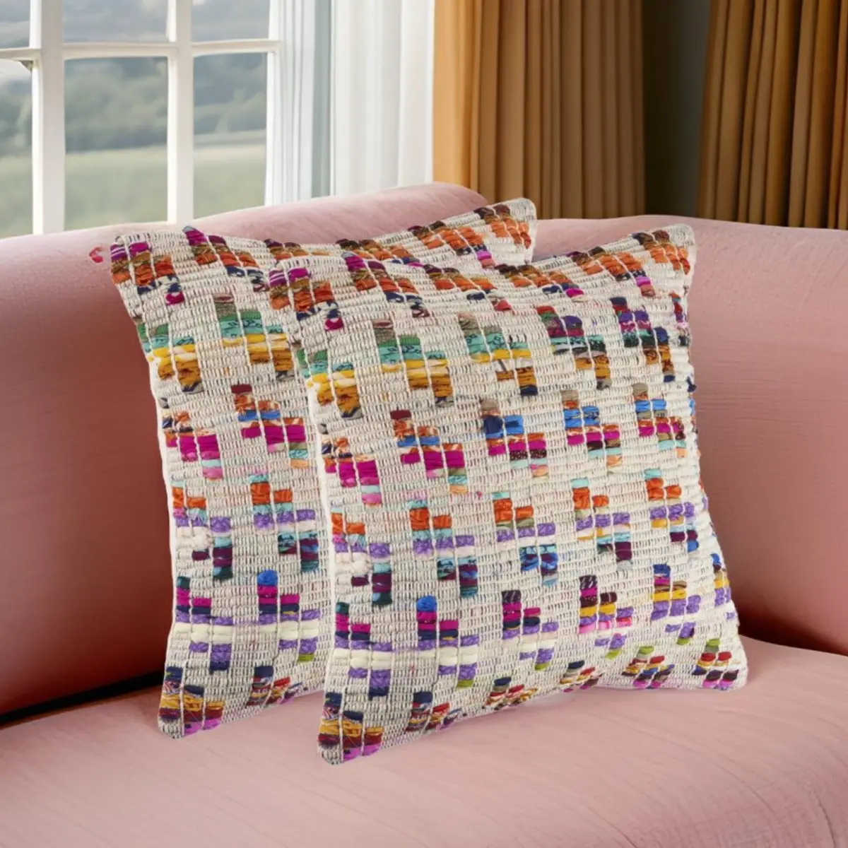 Set of 2 Hand Woven Cotton Blend Throw Pillows with 360 Stand, Brown Eclectic Geometric Pattern, Removable Cushion Covers, Bohemian Style for Bedroom Use