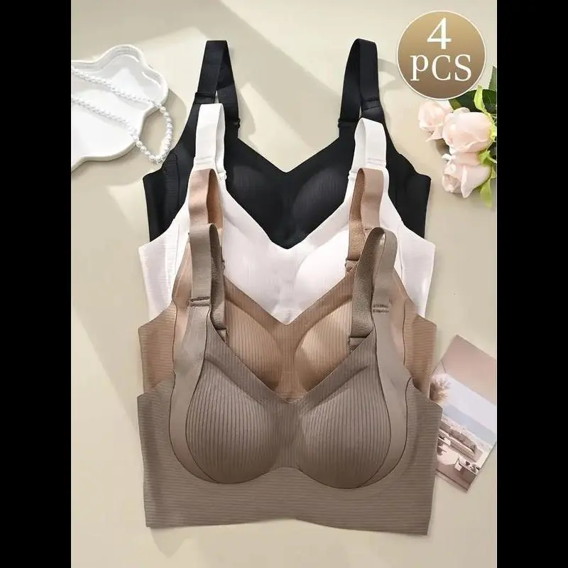 New(New)Women's Solid Four-breasted Adjustable Wireless Bra,Soft Comfortable Breathable Ribbed Push Up Seamless Bra,Women's Lingerie for All Seasons,Supportive Bra Underwear Sets Minimalist