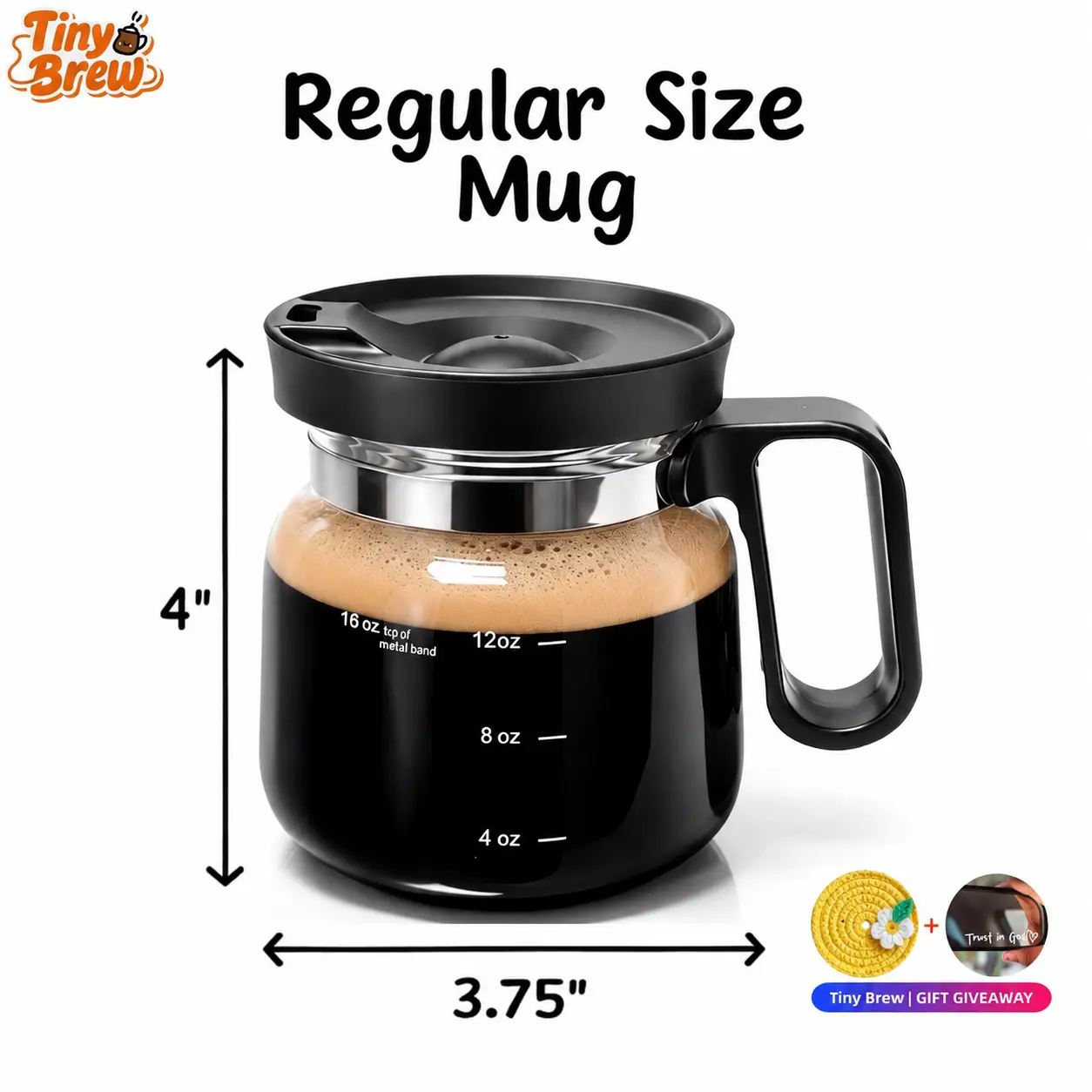 Tiny Brew Coffee Mug with Lid 16oz Glass Creative Cup, Coffee Lovers' Top Choice, Dimensions: 4.9inches tall, 3.8 inches wide, Includes Coaster, Ergonomic Handle Design, a little surprise for your loved one,deals for you,mid year sale, Shaped, Christmas,